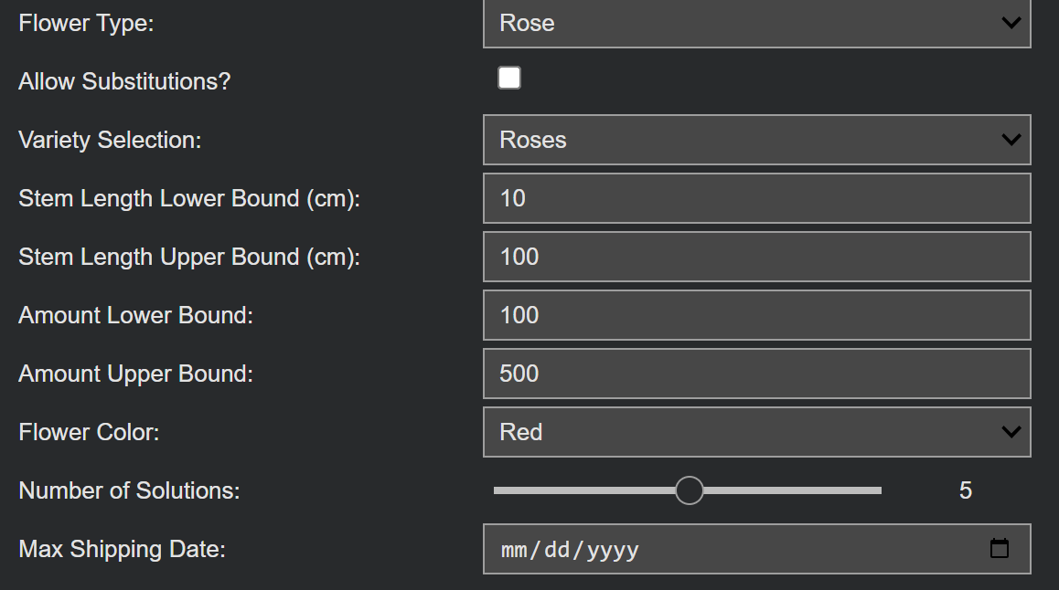 User interface for entering optimizer parameters