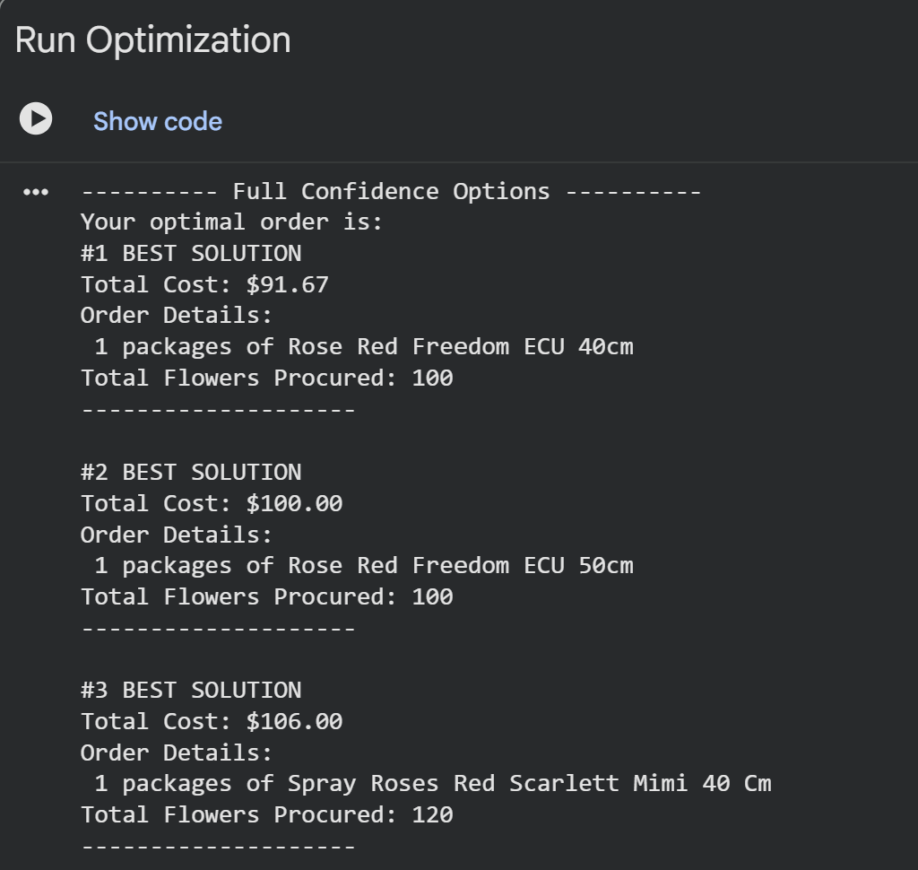 Output of optimizer code